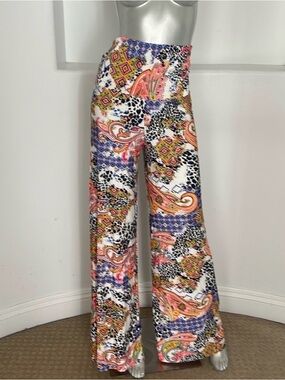 Wide-Leg Printed Palazzo Pants in Paisley Fold Over Multicolor